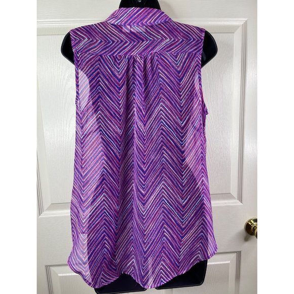 Cato Blouse Sleeveless Sheer Purple Pink White Striped Collar Button Size Medium - Picture 9 of 10